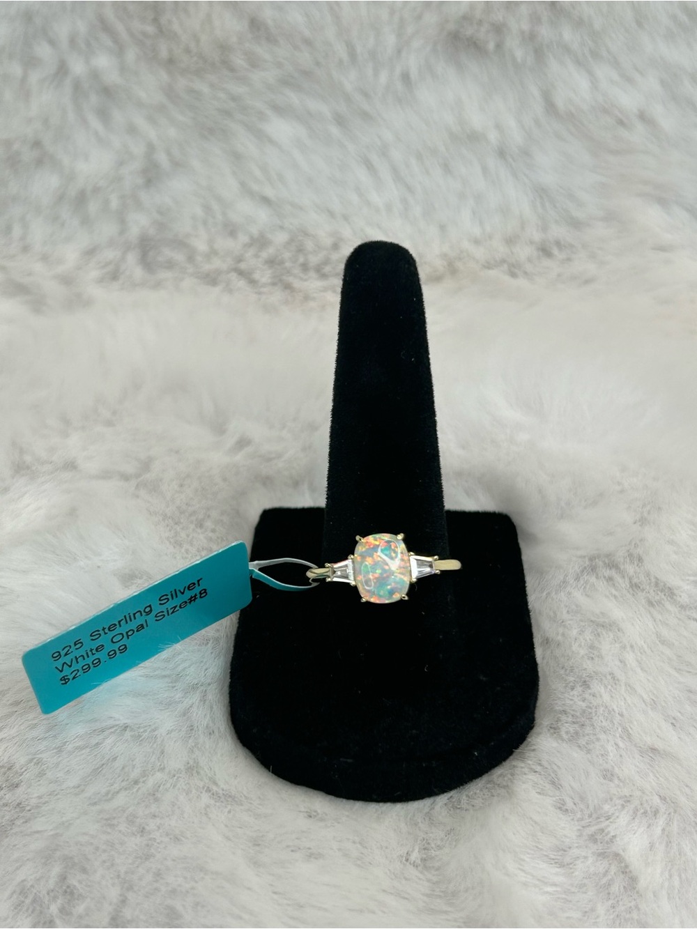 size 8 lab white opal  Gold over 925 sterling silver  7–9-0826SS